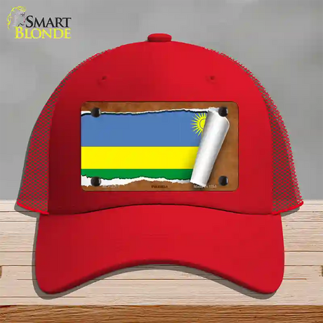 Rwanda Flag Scroll Novelty License Plate Hat Mesh / Red