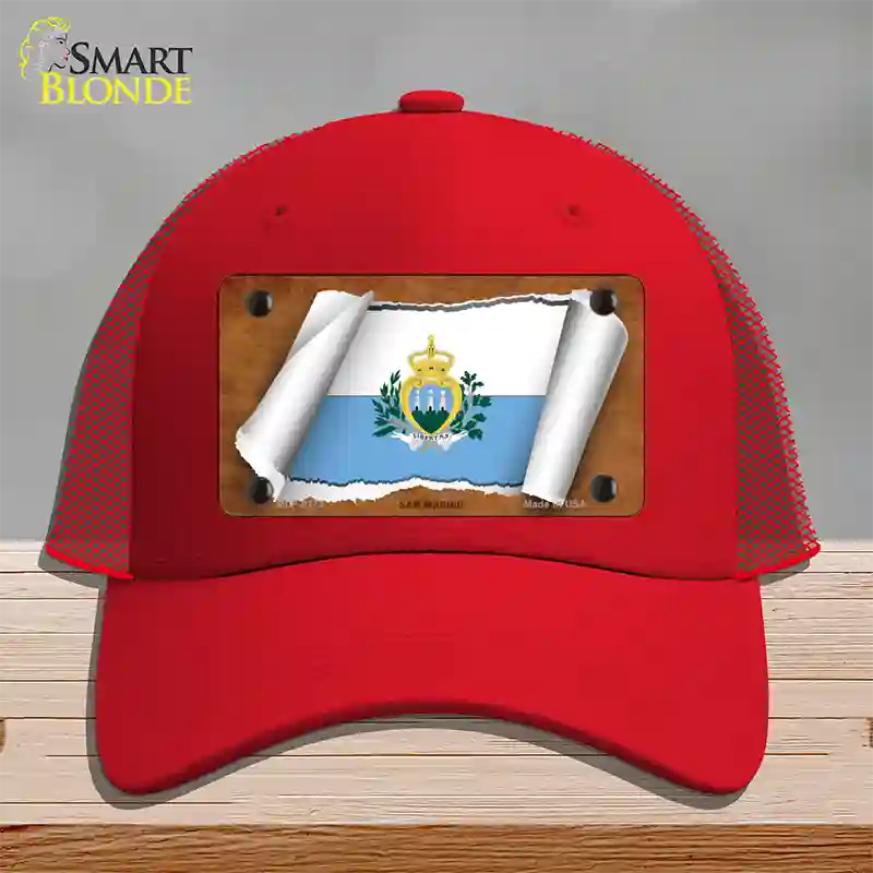 San Marino Flag Scroll Novelty License Plate Hat Mesh / Red