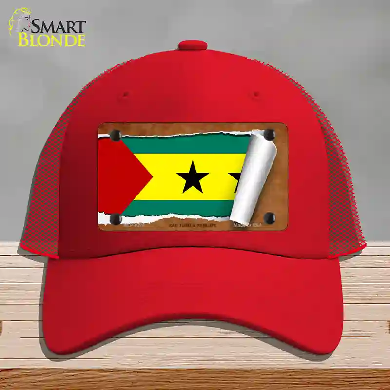 Sao Tome & Principe Flag Scroll Novelty License Plate Hat Mesh / Red