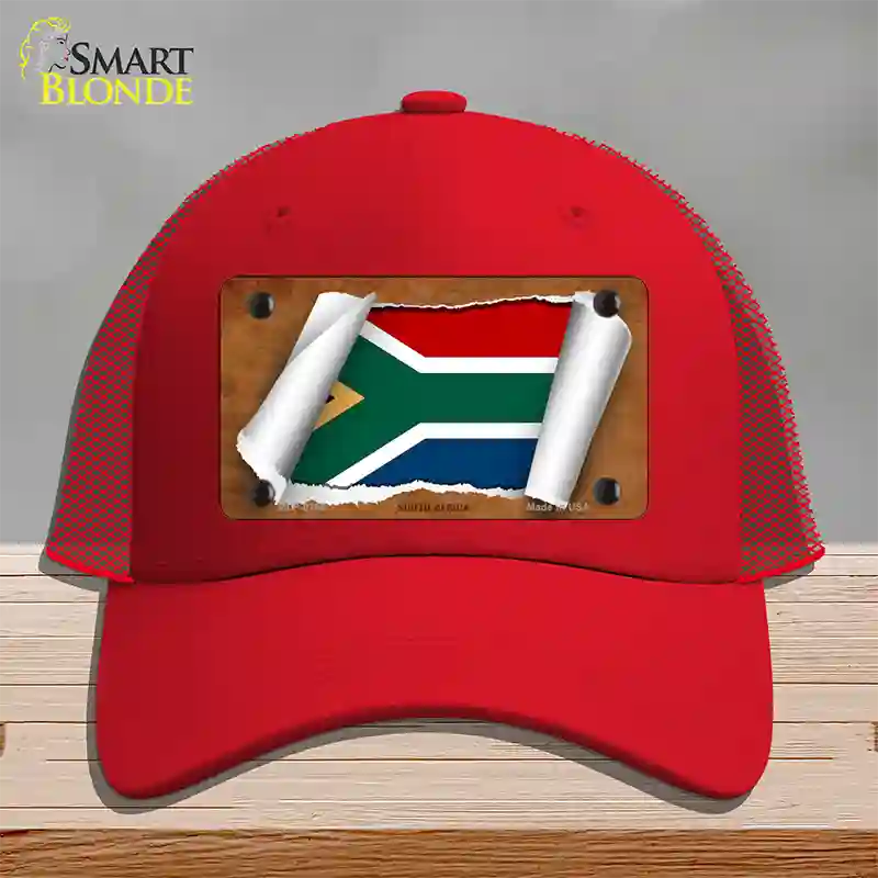 South Africa Flag Scroll Novelty License Plate Hat Mesh / Red