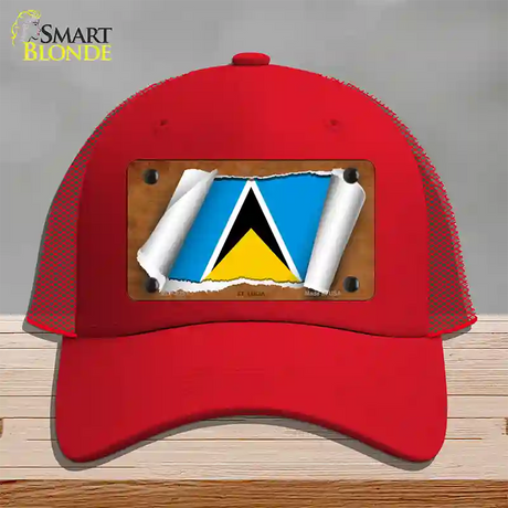 St Lucia Flag Scroll Novelty License Plate Hat Mesh / Red