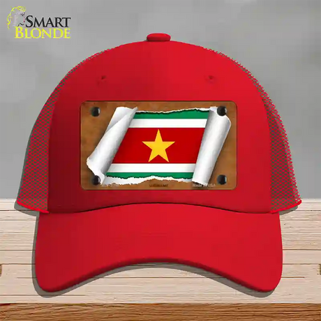 Suriname Flag Scroll Novelty License Plate Hat Mesh / Red