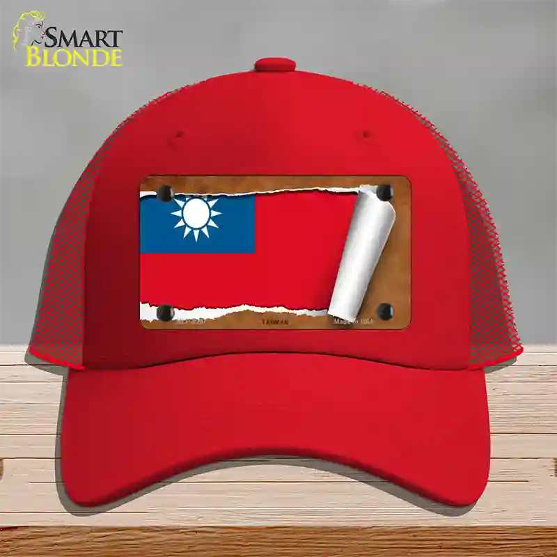 Taiwan Flag Scroll Novelty License Plate Hat Mesh / Red