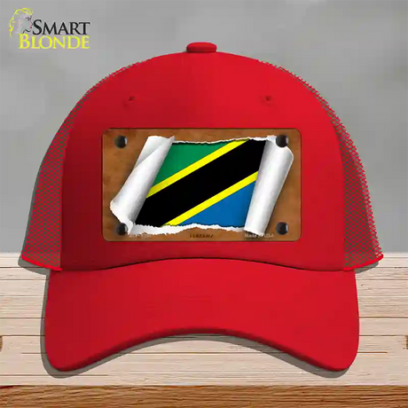 Tanzania Flag Scroll Novelty License Plate Hat Mesh / Red