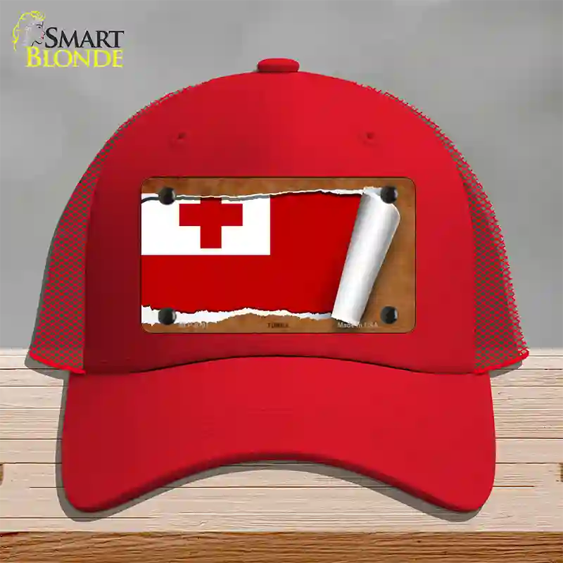 Tonga Flag Scroll Novelty License Plate Hat Mesh / Red