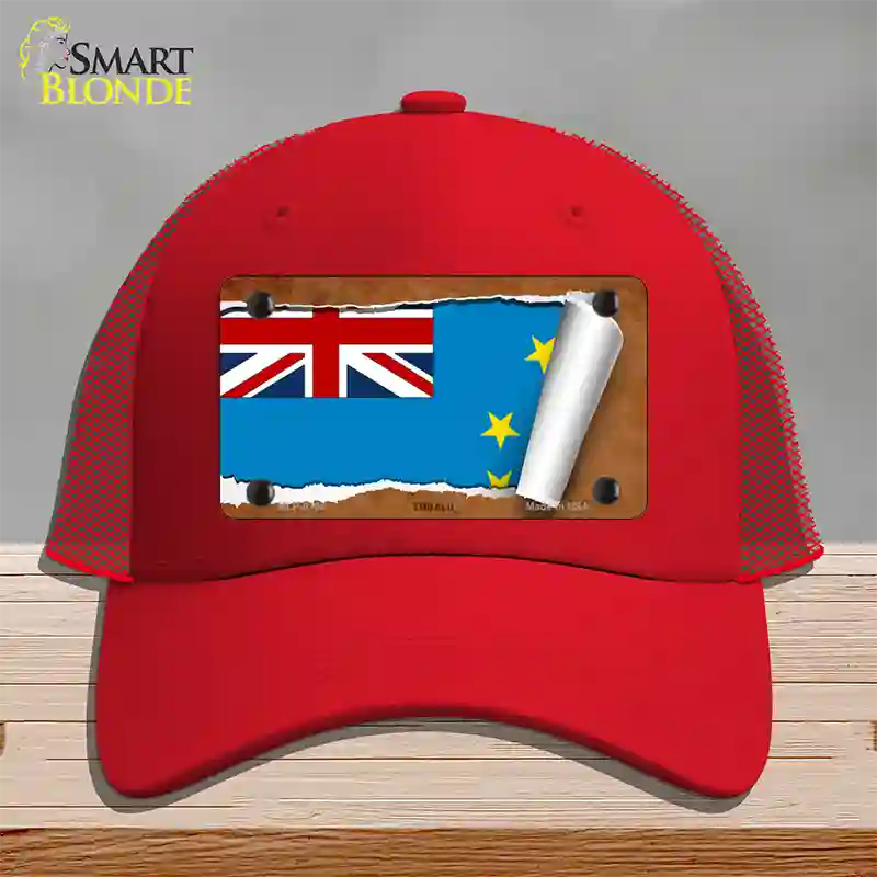 Tuvalu Flag Scroll Novelty License Plate Hat Mesh / Red