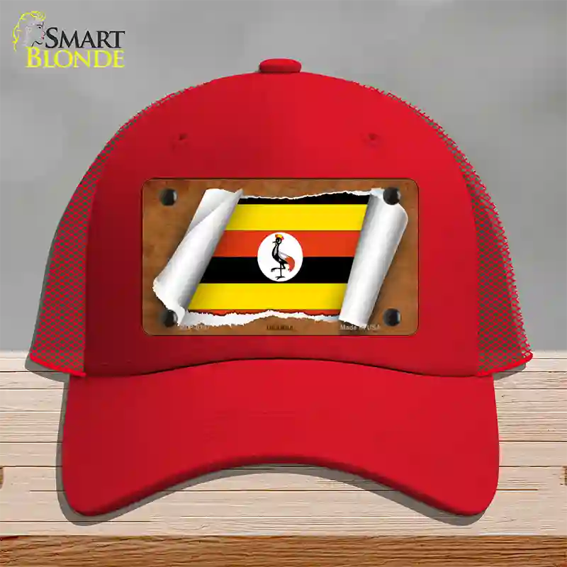 Uganda Flag Scroll Novelty License Plate Hat Mesh / Red