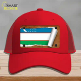 Uzbekistan Flag Scroll Novelty License Plate Hat Mesh / Red