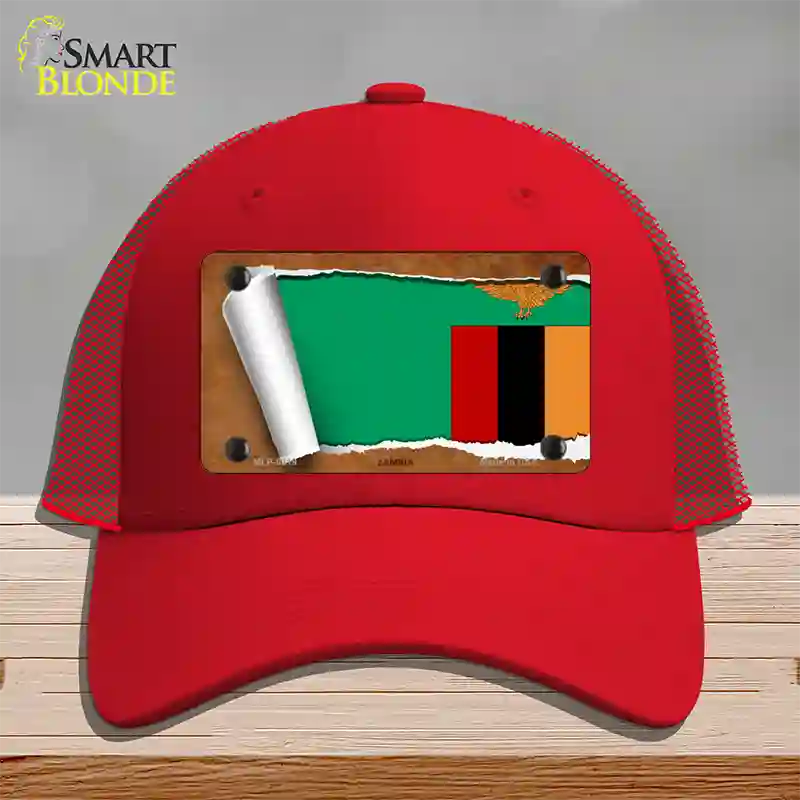 Zambia Flag Scroll Novelty License Plate Hat Mesh / Red