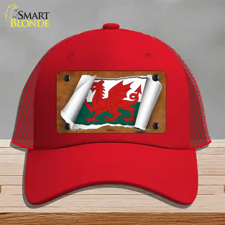 Wales Flag Scroll Novelty License Plate Hat Mesh / Red