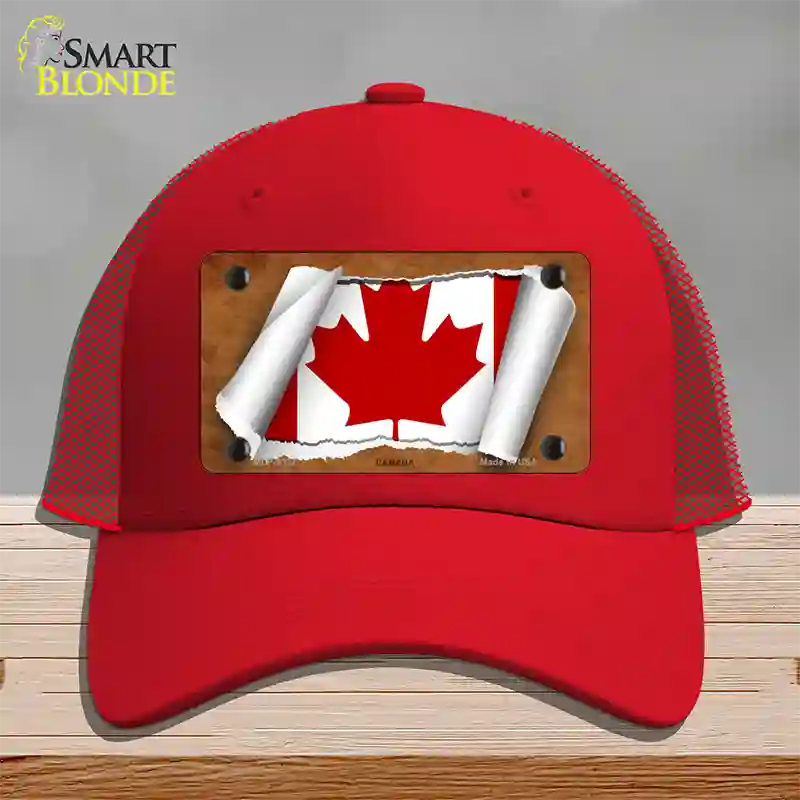 Canada Flag Scroll Novelty License Plate Hat Mesh / Red