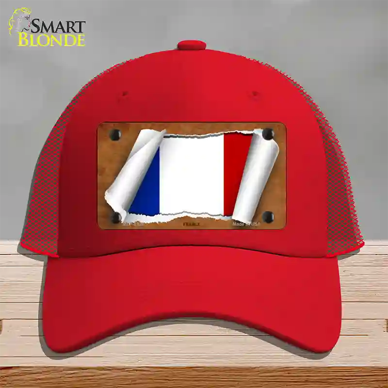 France Flag Scroll Novelty License Plate Hat Mesh / Red