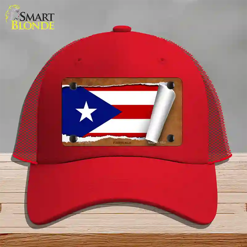 Puerto Rico Flag Scroll Novelty License Plate Hat Mesh / Red