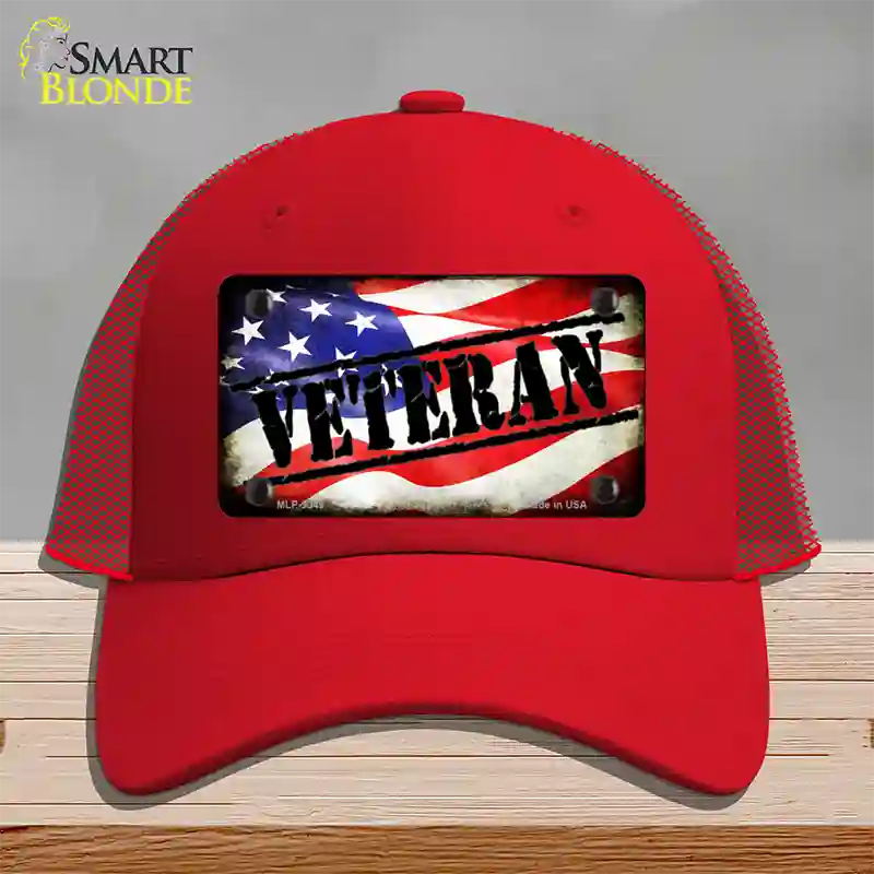 Veteran American Flag Novelty License Plate Hat Mesh / Red