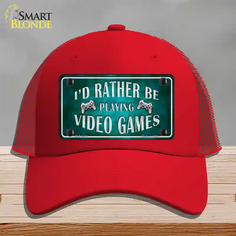 Rather Play Video Games Novelty License Plate Hat Mesh / Red