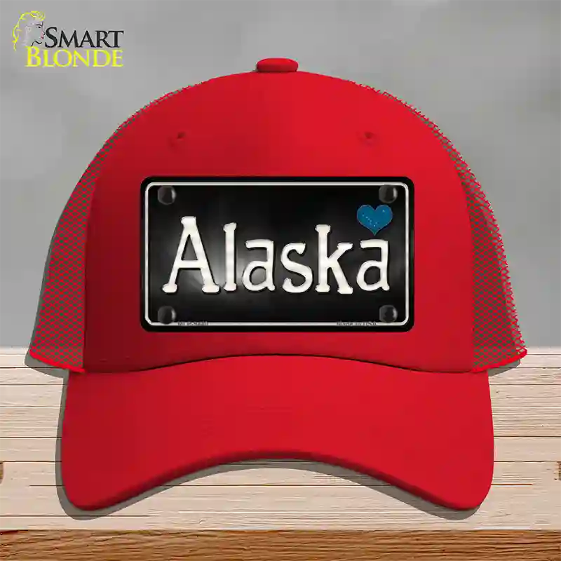 Alaska Flag Script Novelty License Plate Hat Mesh / Red