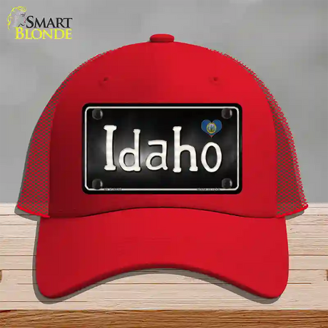 Idaho Flag Script Novelty License Plate Hat Mesh / Red