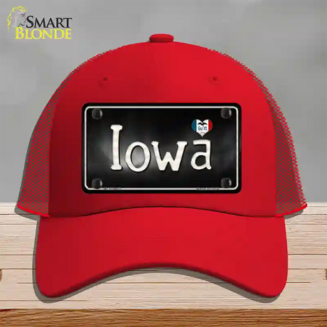 Iowa Flag Script Novelty License Plate Hat Mesh / Red