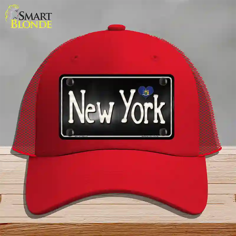 New York Flag Script Novelty License Plate Hat Mesh / Red