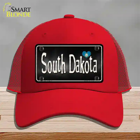 South Dakota Flag Script Novelty License Plate Hat Mesh / Red