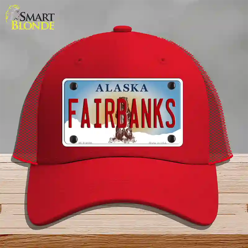 Fairbanks Alaska State Novelty License Plate Hat Mesh / Red