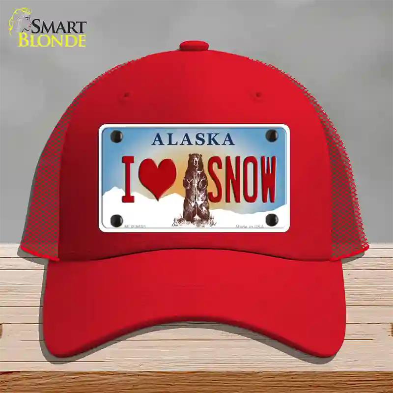 I Love Snow Alaska State Novelty License Plate Hat Mesh / Red