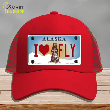 I Love Fly Alaska State Novelty License Plate Hat Mesh / Red