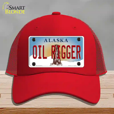 Oil Rigger Alaska State Novelty License Plate Hat Mesh / Red