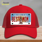 Best Mom Alaska State Novelty License Plate Hat Mesh / Red