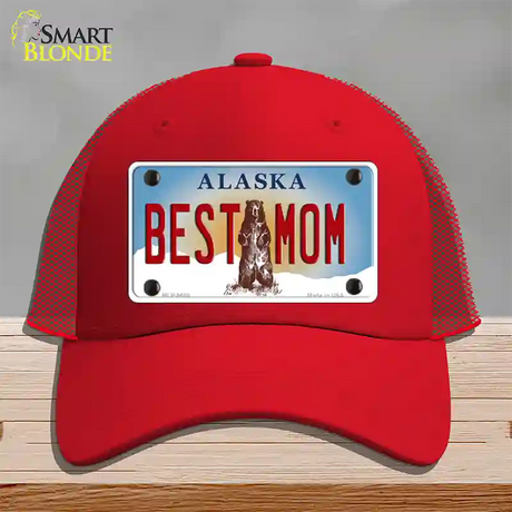 Best Mom Alaska State Novelty License Plate Hat Mesh / Red