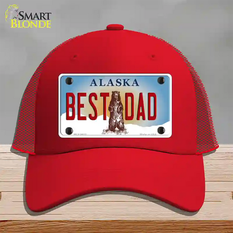 Best Dad Alaska State Novelty License Plate Hat Mesh / Red