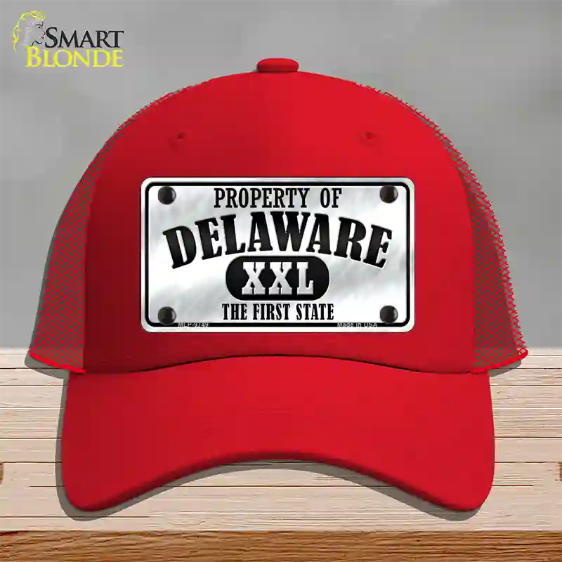 Property Of Delaware Novelty License Plate Hat Mesh / Red