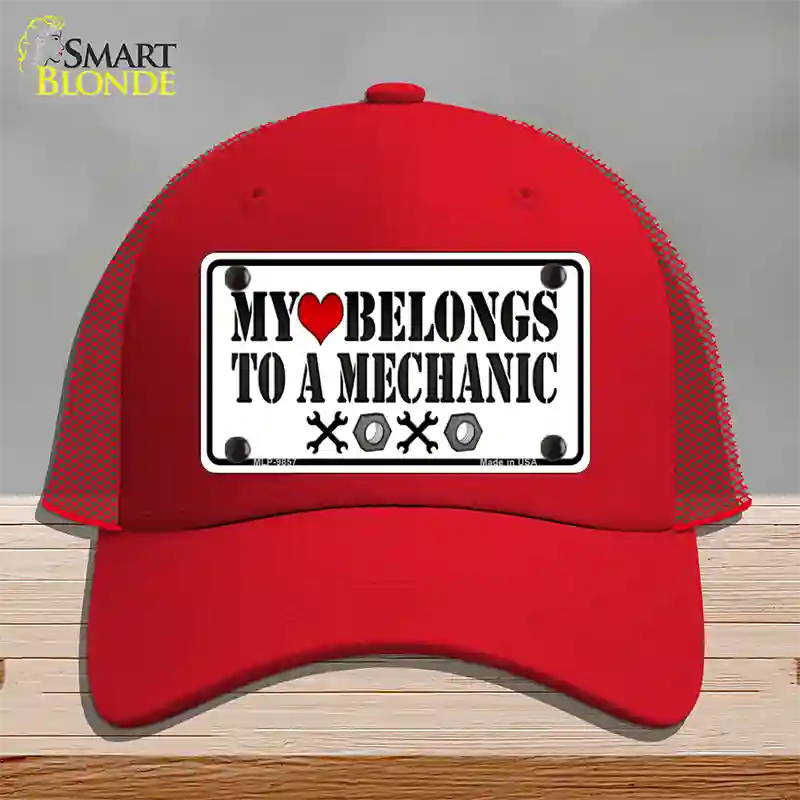 Heart Belongs To Mechanic Novelty License Plate Hat Mesh / Red