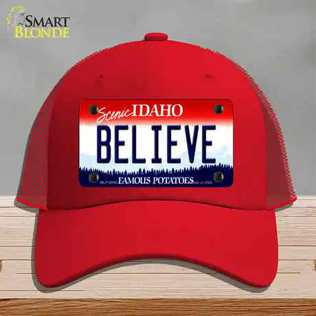 Believe Idaho Novelty License Plate Hat Mesh / Red