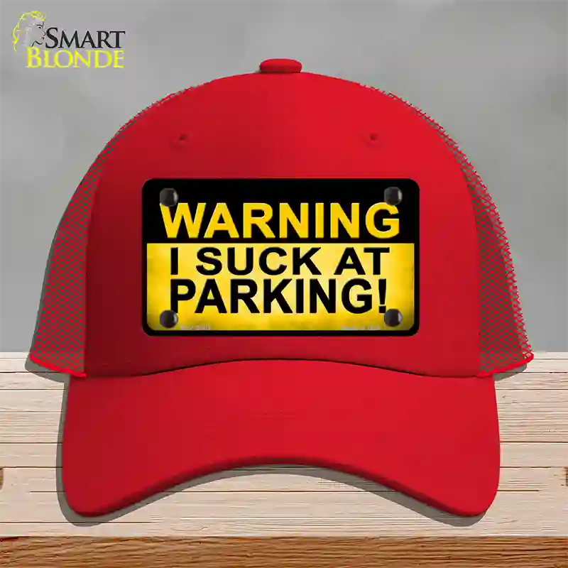 Warning Suck At Parking Novelty License Plate Hat Mesh / Red