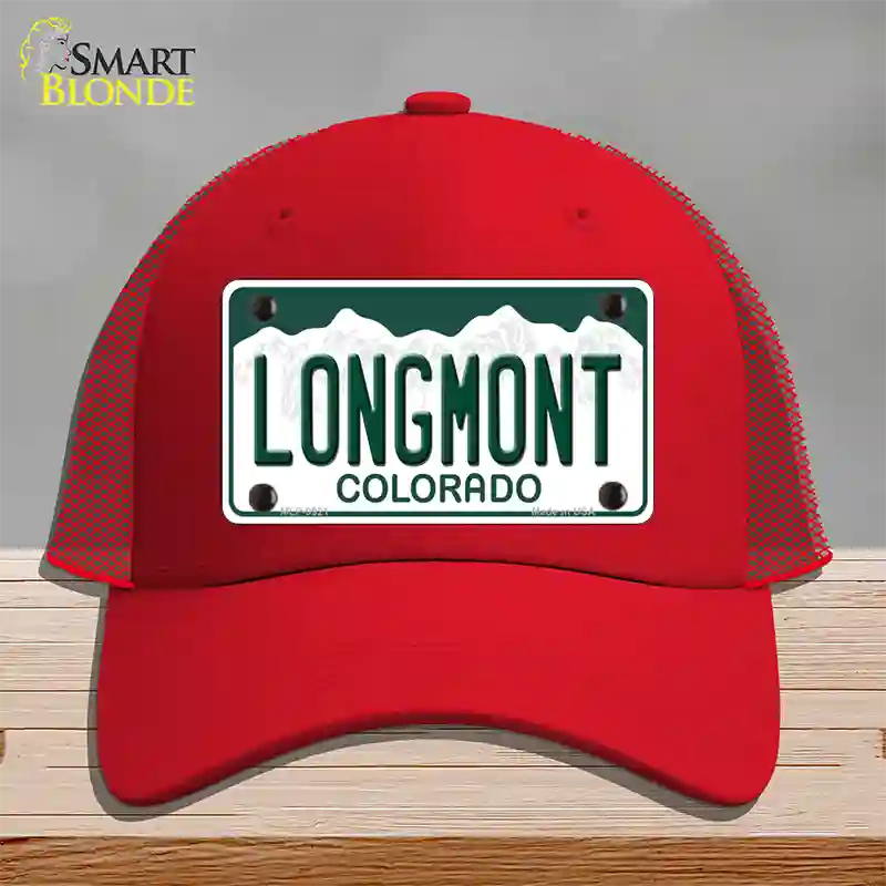 Longmont Colorado Novelty License Plate Hat Mesh / Red