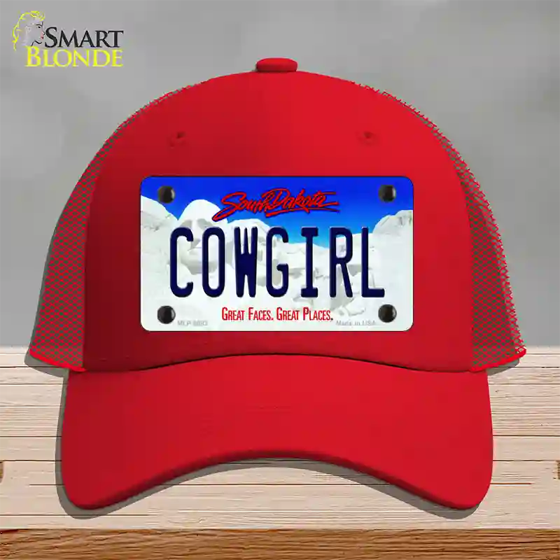 Cowgirl South Dakota Novelty License Plate Hat Mesh / Red