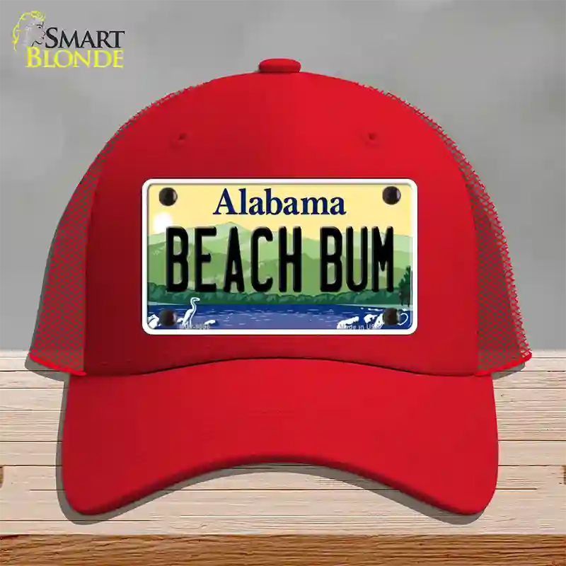 Beach Bum Alabama Novelty License Plate Hat Mesh / Red