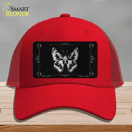 Butterfly Black Brushed Chrome Novelty License Plate Hat Mesh / Red