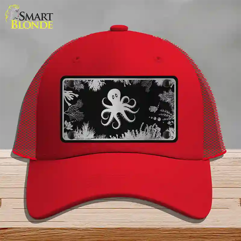 Octopus Black Brushed Chrome Novelty License Plate Hat Mesh / Red