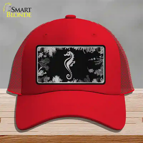 Sea Horse Black Brushed Chrome Novelty License Plate Hat Mesh / Red