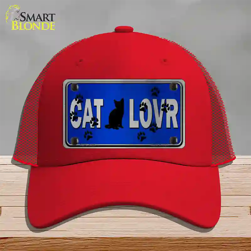 Cat Lover Blue Brushed Chrome Novelty License Plate Hat Tag Mesh / Red