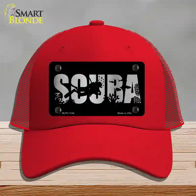 Scuba Brushed Chrome Novelty License Plate Hat Mesh / Red