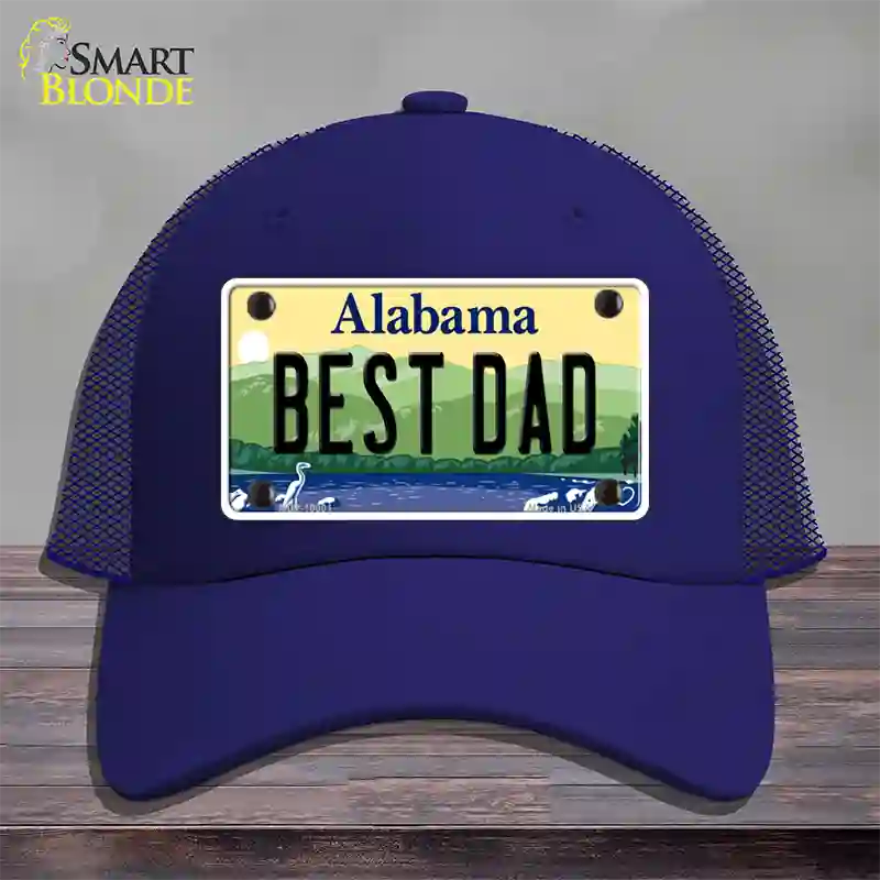 Best Dad Alabama Novelty License Plate Hat Mesh / Royal Blue