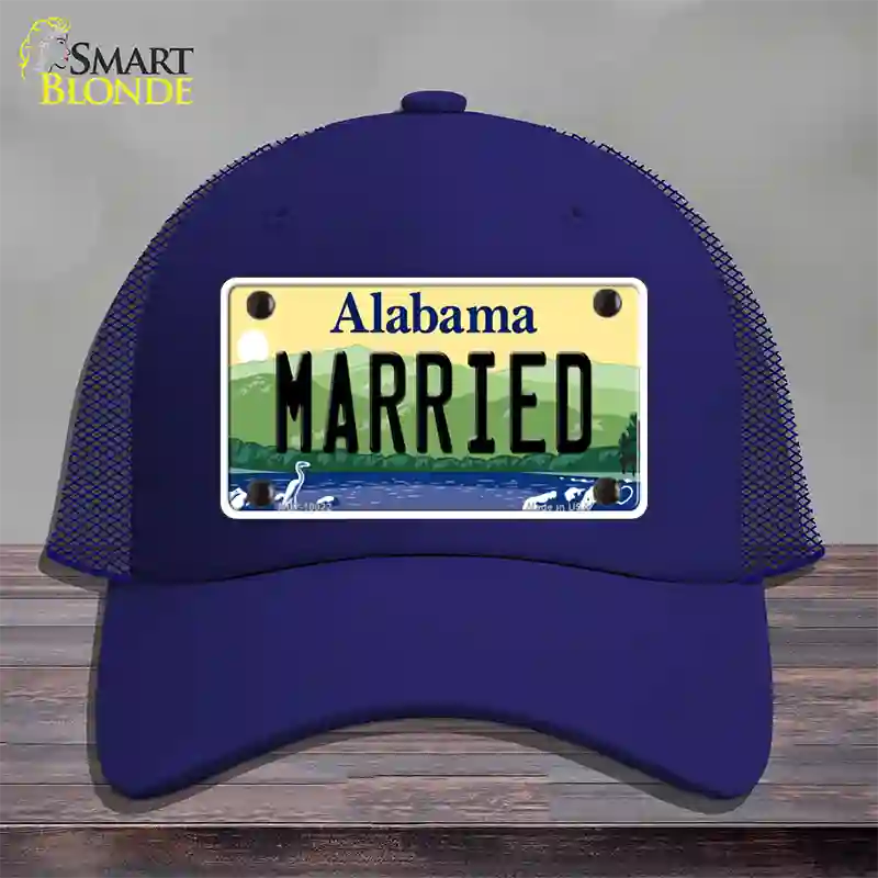 Married Alabama Novelty License Plate Hat Mesh / Royal Blue