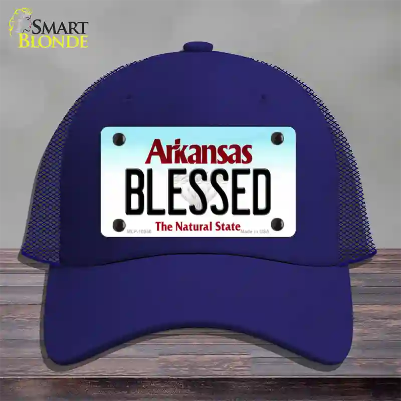 Blessed Arkansas Novelty License Plate Hat Mesh / Royal Blue