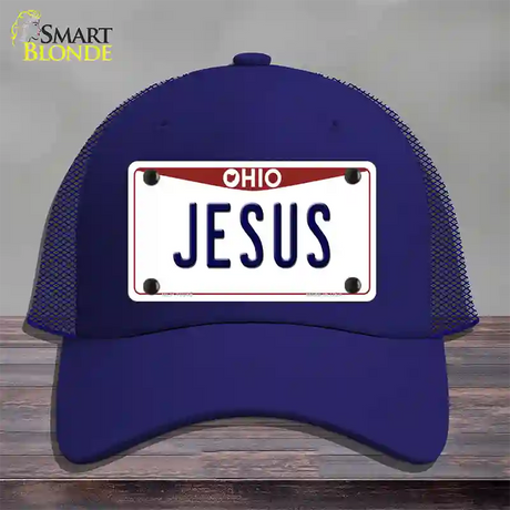 Jesus Ohio Novelty License Plate Hat Mesh / Royal Blue