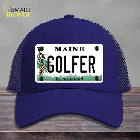 Golfer Maine Novelty License Plate Hat Mesh / Royal Blue