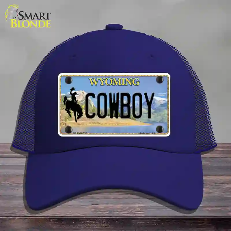 Cowboy Wyoming Novelty License Plate Hat Mesh / Royal Blue