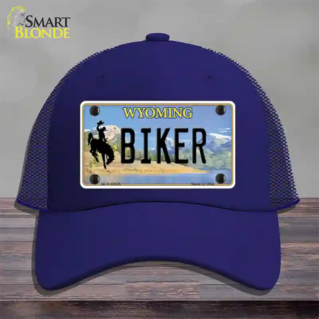 Biker Wyoming Novelty License Plate Hat Mesh / Royal Blue